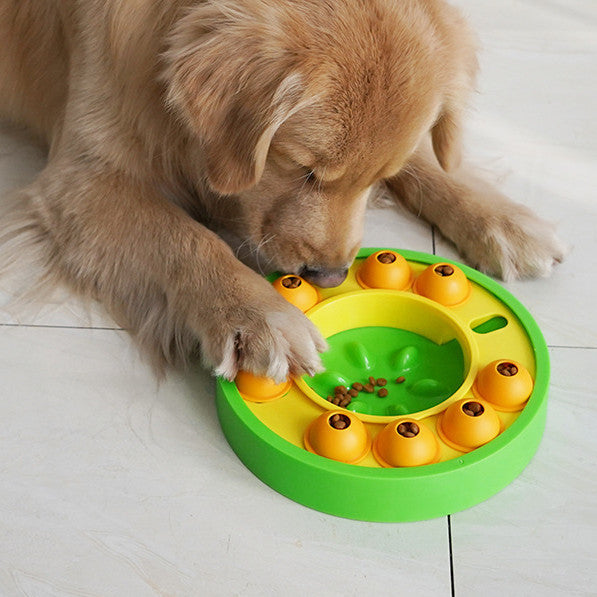 Pet Supplies Puzzle Toys Slow Feeder with green and yellow color, with a dog putting mouth on it