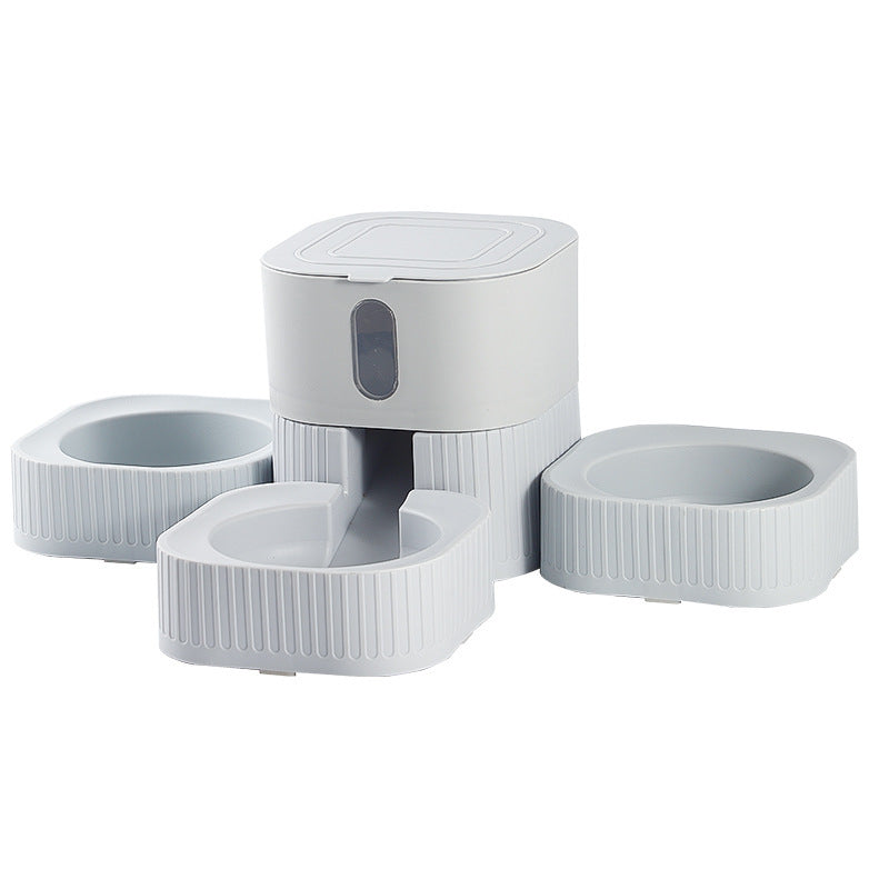 Pet Supplies Removable Pet Feeder Bowl A white removable pet feeder bowl, shown in three different views, with one view showing the bowl filled with food.