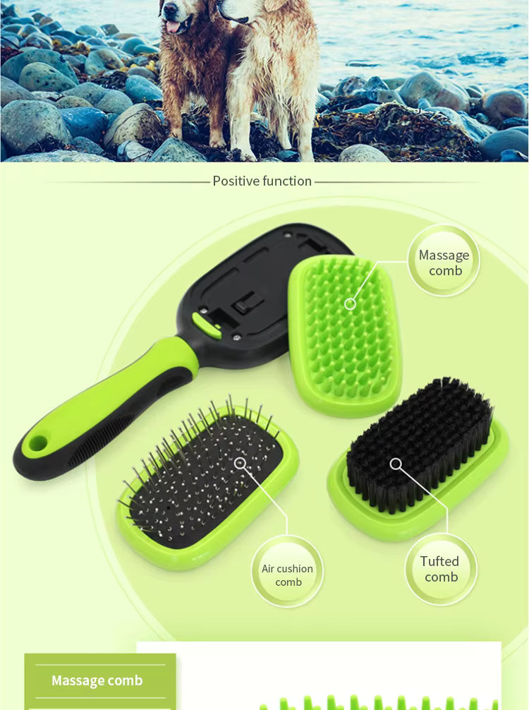 Pet Supplies Set of pet grooming tools including massage comb, air cushion comb, and tufted comb on a green background