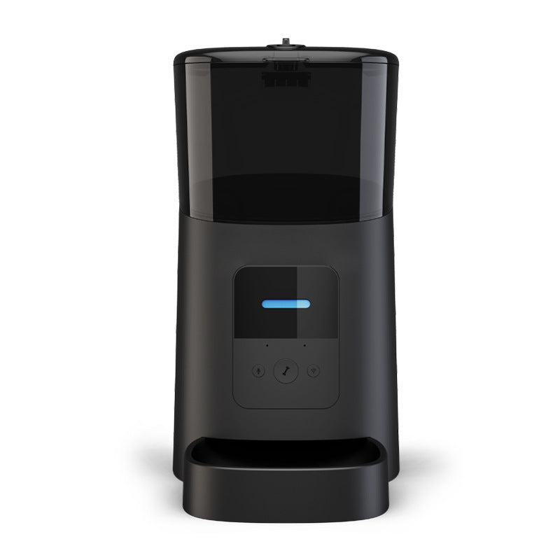 Pet Supplies Smart Automatic Pet Feeder A Black pet automatic feeder with a clear container filled with brown pet food, and a digital control panel on the front.