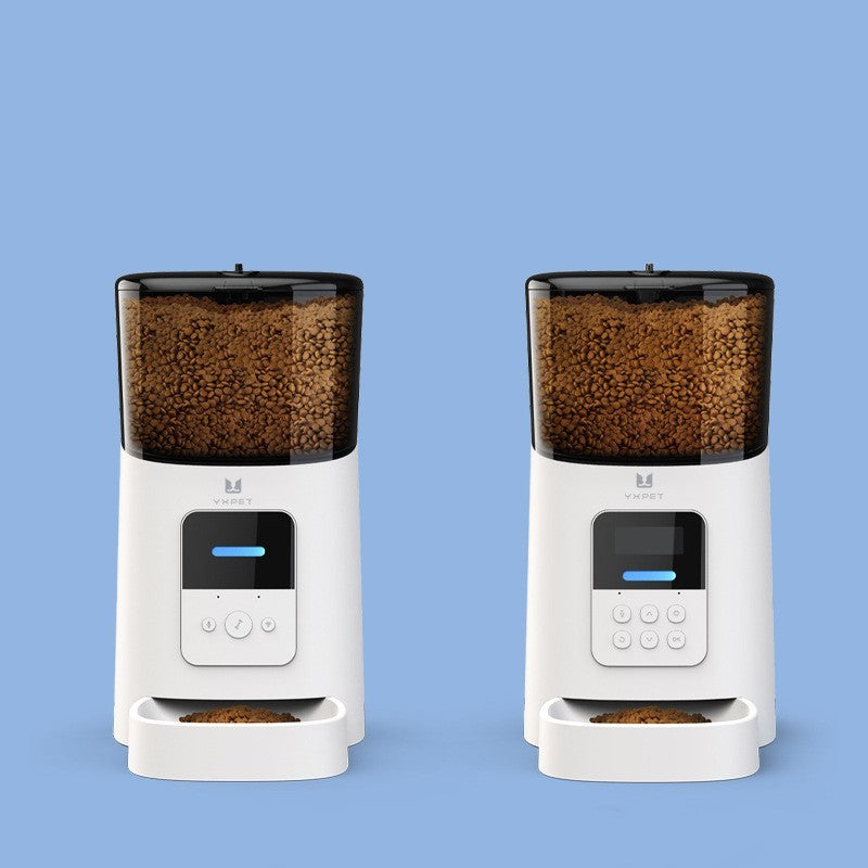 Pet Supplies Smart Automatic Two  Pet Feeder of White pet automatic feeder with a clear container filled with brown pet food, and a digital control panel on the front.
