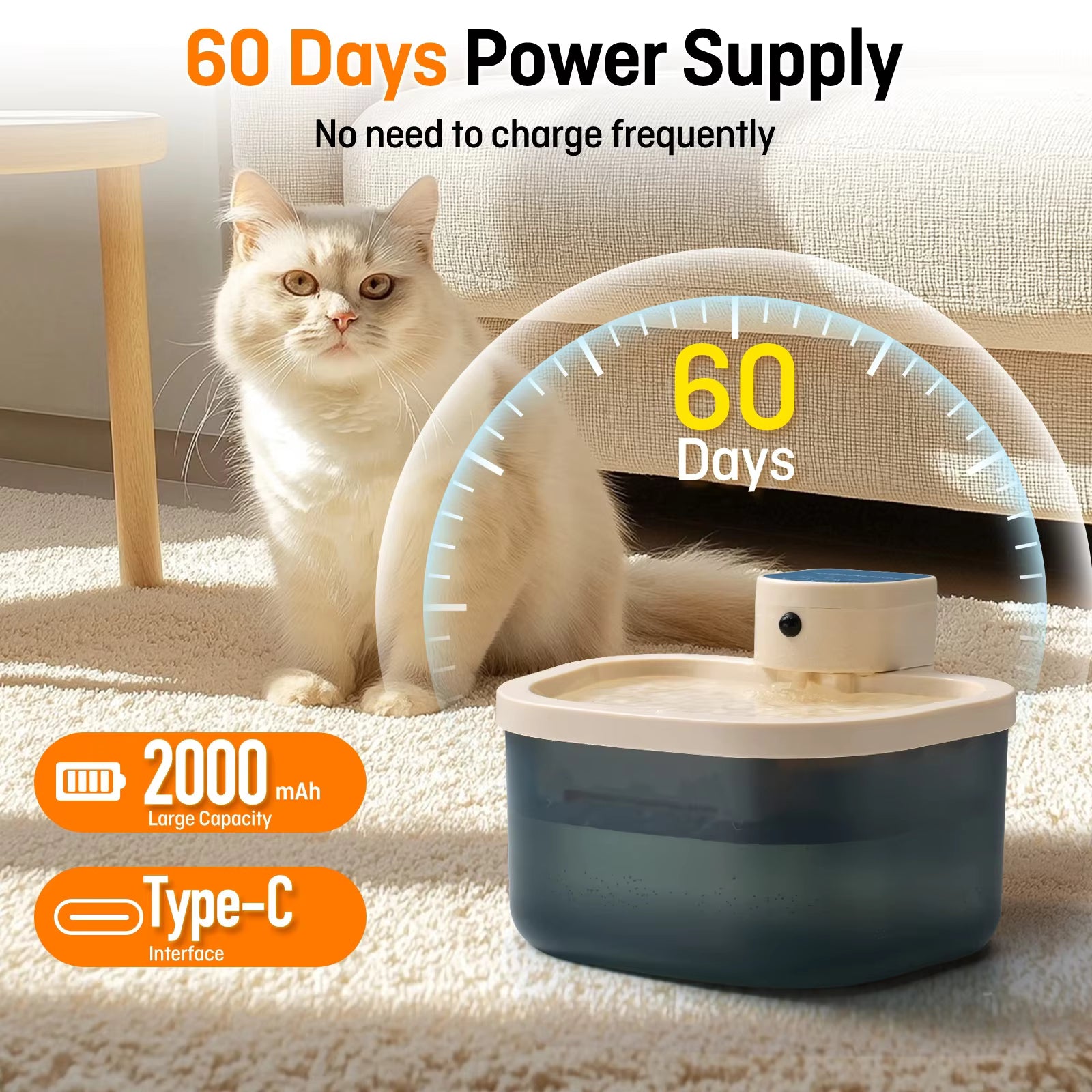 Pet Supplies Smart Wireless Automatic Dog Water Dispenser Cat sitting next to a pet water fountain with power supply details on a light background