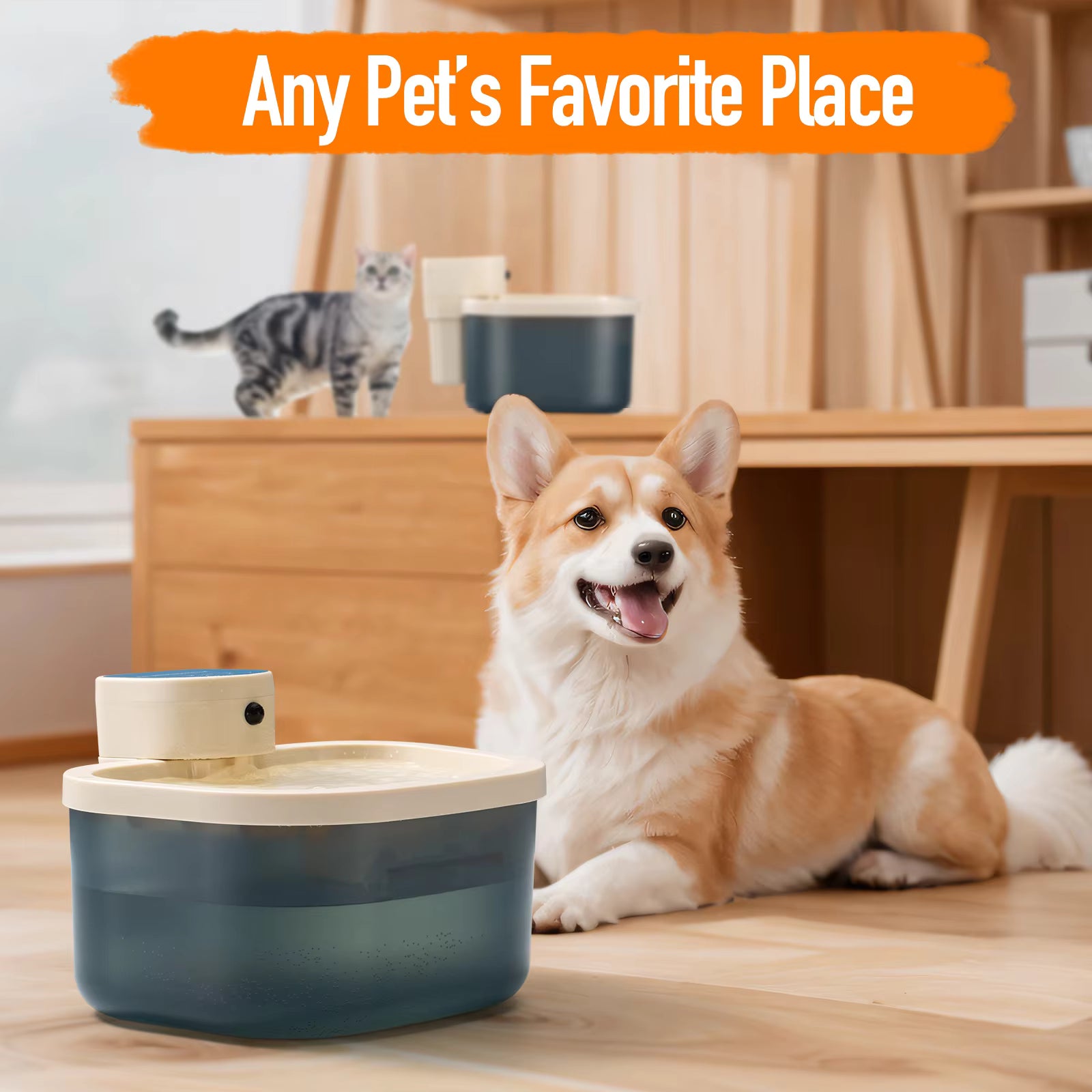Pet Supplies Smart Wireless Automatic Dog Water Dispenser Dog and cat sitting near a pet fountain with 'Any Pet's Favorite Place' text.
