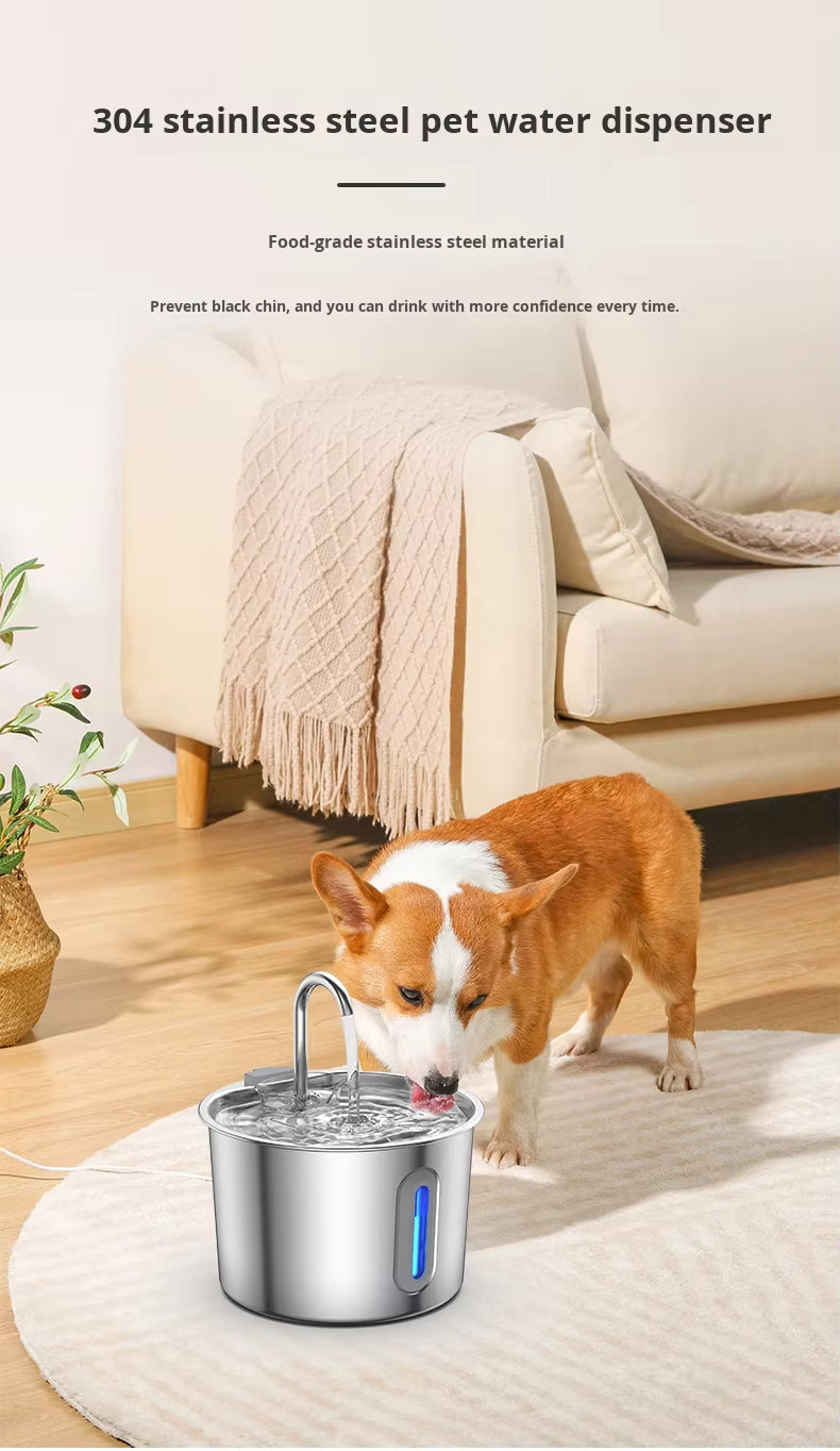 Pet Supplies Smart Wireless Automatic Dog Water Dispenser Dog drinking water from a stainless steel pet water dispenser in a living room.