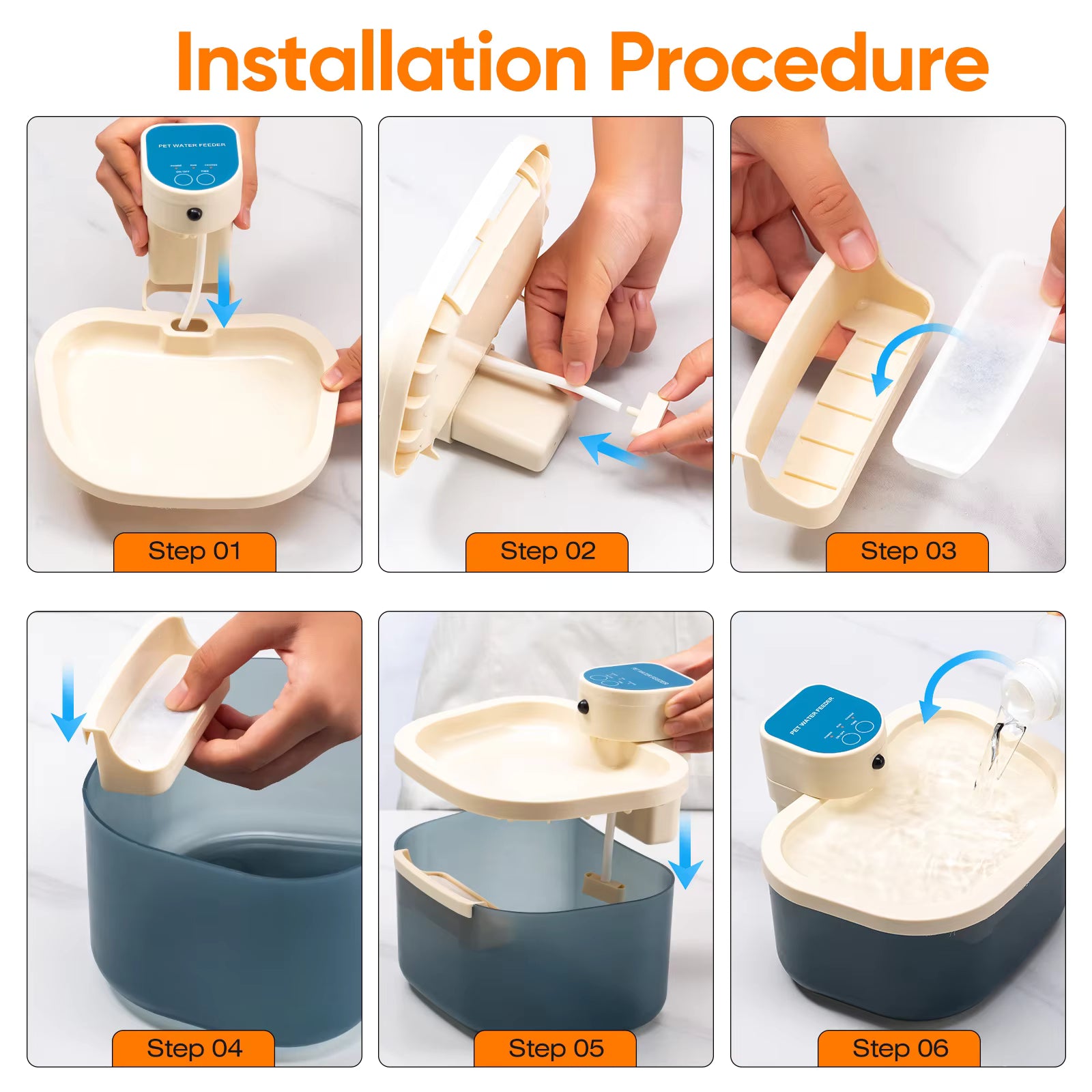Pet Supplies Smart Wireless Automatic Dog Water Dispenser Step-by-step installation procedure for a pet water fountain with labeled steps.