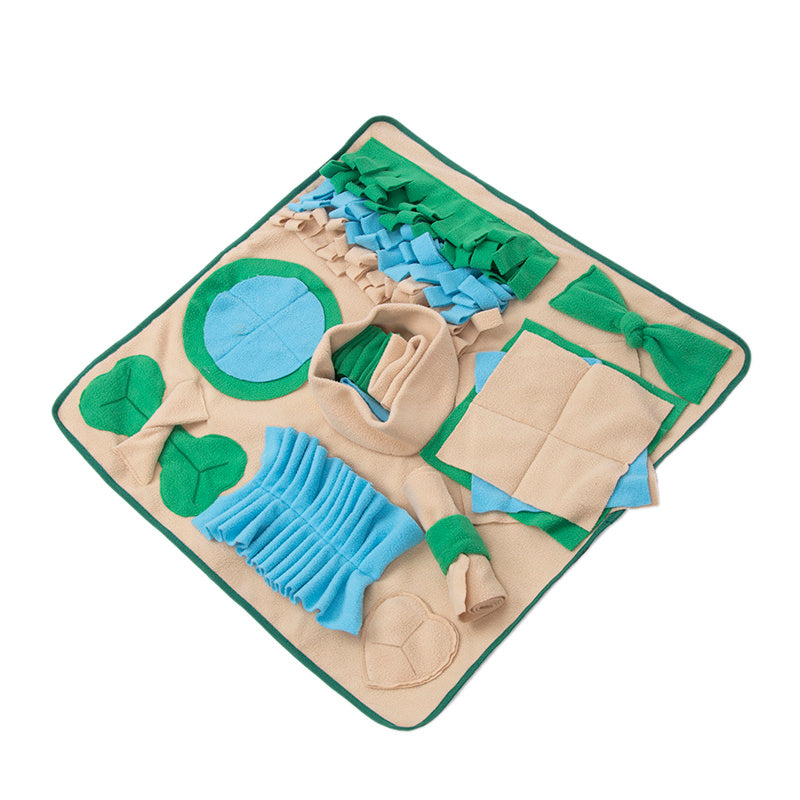 Pet Supplies Snuffle Mat for Dogs A beige snuffle mat for dogs with various textures and smells attached, designed to engage a dog's natural foraging instincts.