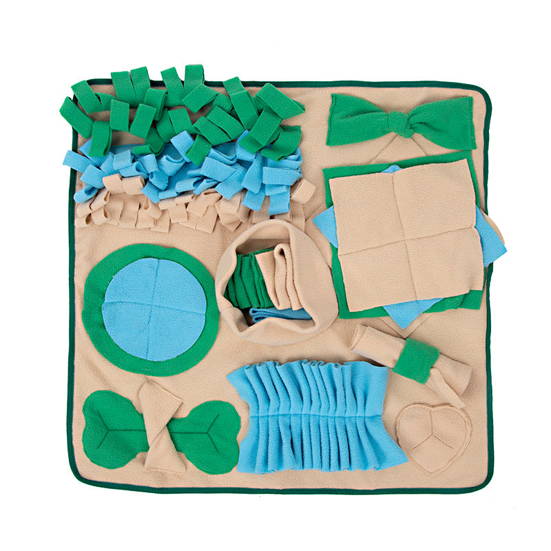 Pet Supplies Snuffle Mat for Dogs A beige snuffle mat for dogs with various textures and smells attached, designed to engage a dog's natural foraging instincts with square white background 
