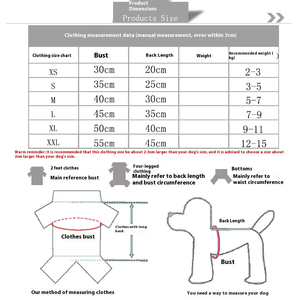 Pet Supplies Warm Fleece Hooded Pet Hoodie Dog clothing size chart with measurements and illustrations