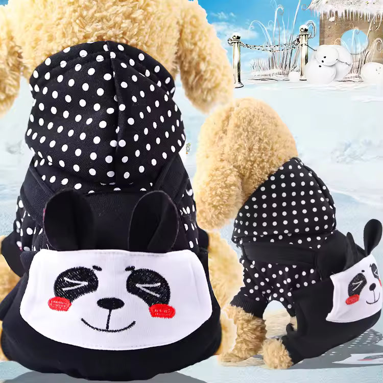 Pet Supplies Warm Fleece Hooded Pet Hoodie Dog outfit with panda face design and polka dot pattern on a snowy background