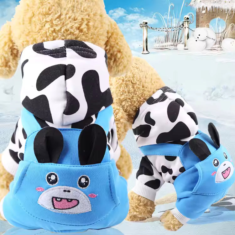 Pet Supplies Warm Fleece Hooded Pet Hoodie Dog outfit with panda face design and polka dot pattern on a snowy background Cow-patterned pet outfit with blue shark design on a snowy background