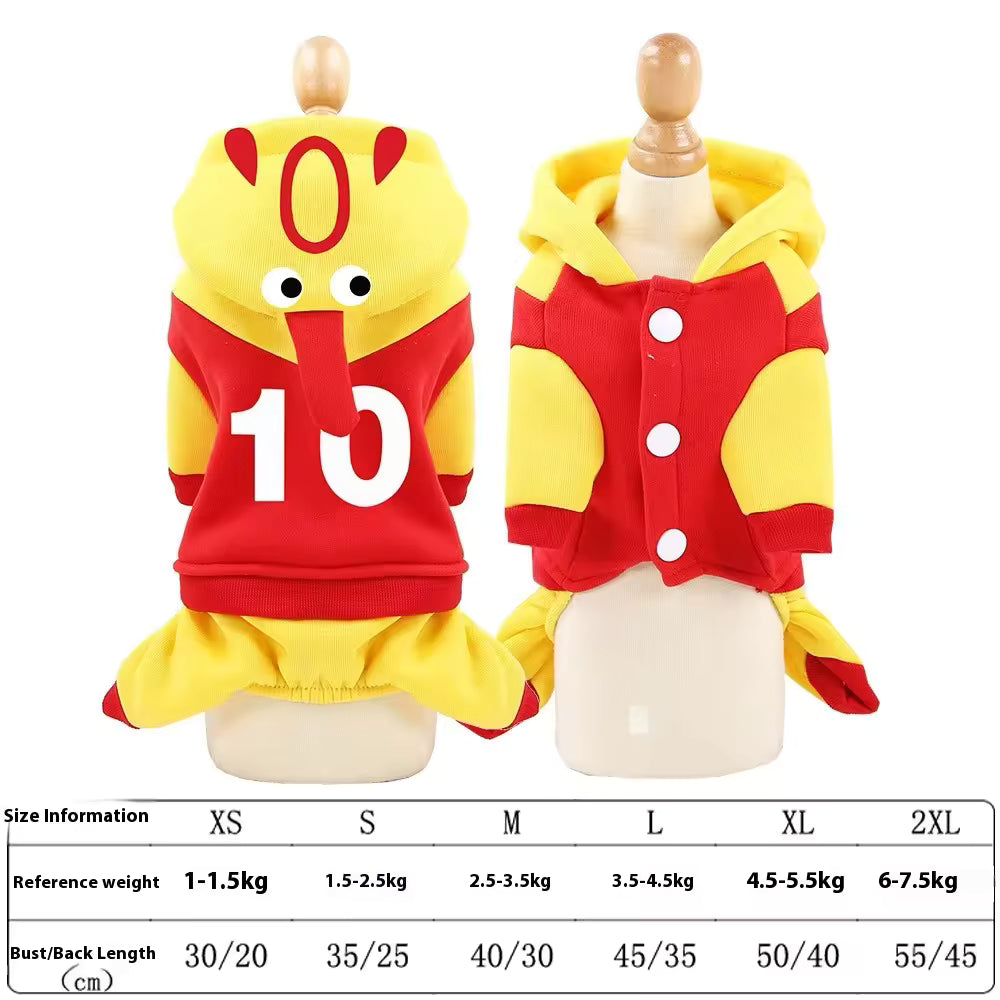 Pet Supplies Warm Fleece Hooded Pet Hoodie Yellow and red pet hoodie with number 10 on a mannequin against a white background