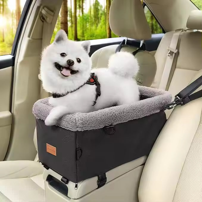 Pet Supplies Waterproof Pet Car Safety Seat White dog sitting on a car seat cover with a forest view outside