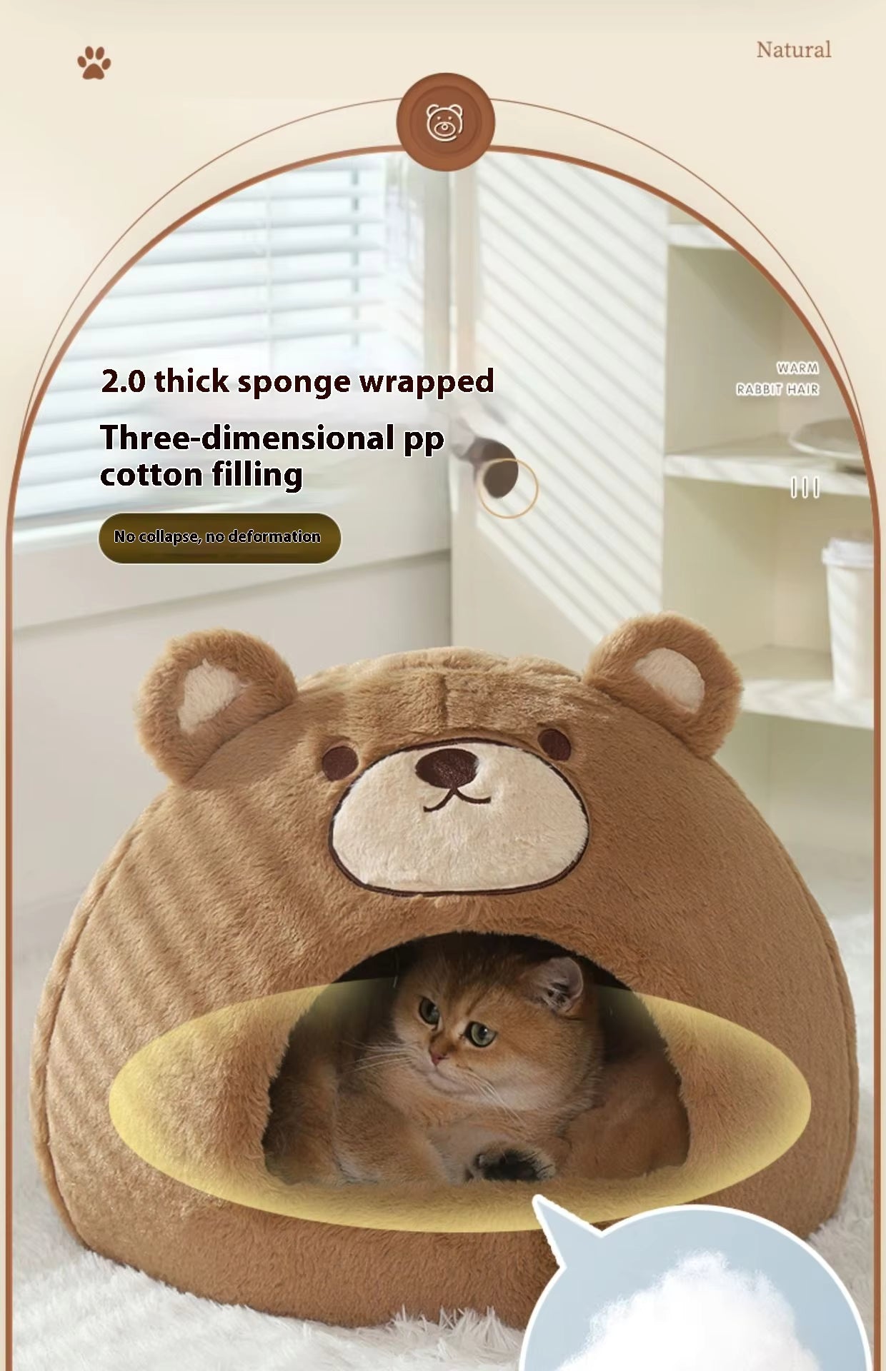 Pet Supplies Winter Warm Velvet Pet Bed House Cat lying in a brown bear-shaped pet bed with text about its features.