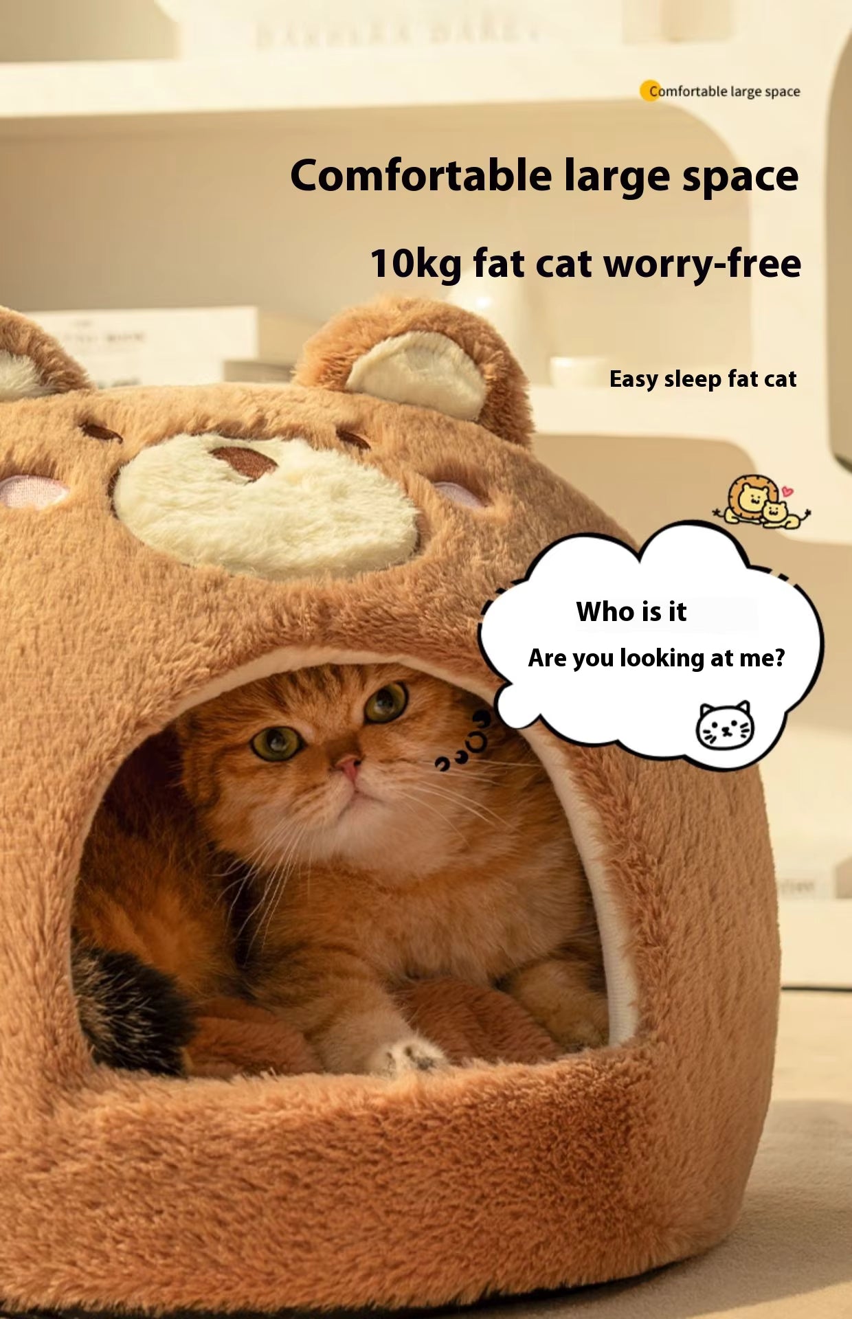 Pet Supplies Winter Warm Velvet Pet Bed House Cat lying in a brown cat bed with a speech bubble, surrounded by text about the product's features.