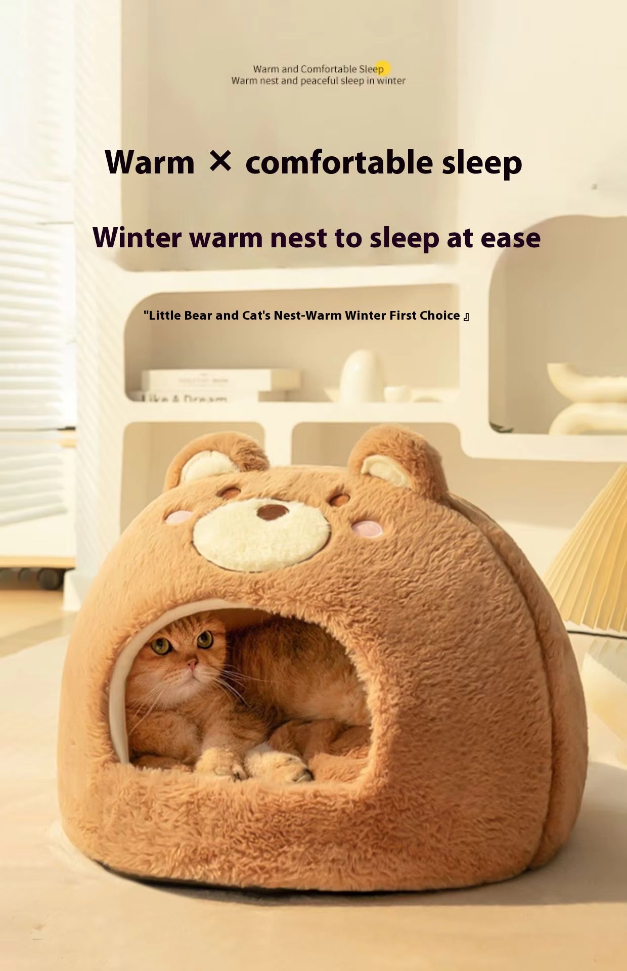 Pet Supplies Winter Warm Velvet Pet Bed House Cat lying inside a bear-shaped warm pet nest with text about comfort and warmth.