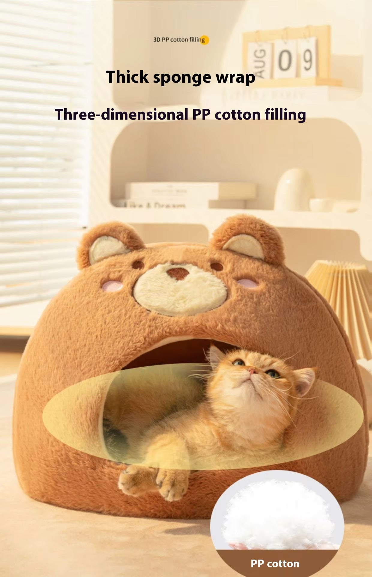 Pet Supplies Winter Warm Velvet Pet Bed House Cat lying inside a brown bear-shaped pet bed with text about thick sponge wrap and three-dimensional PP cotton filling.