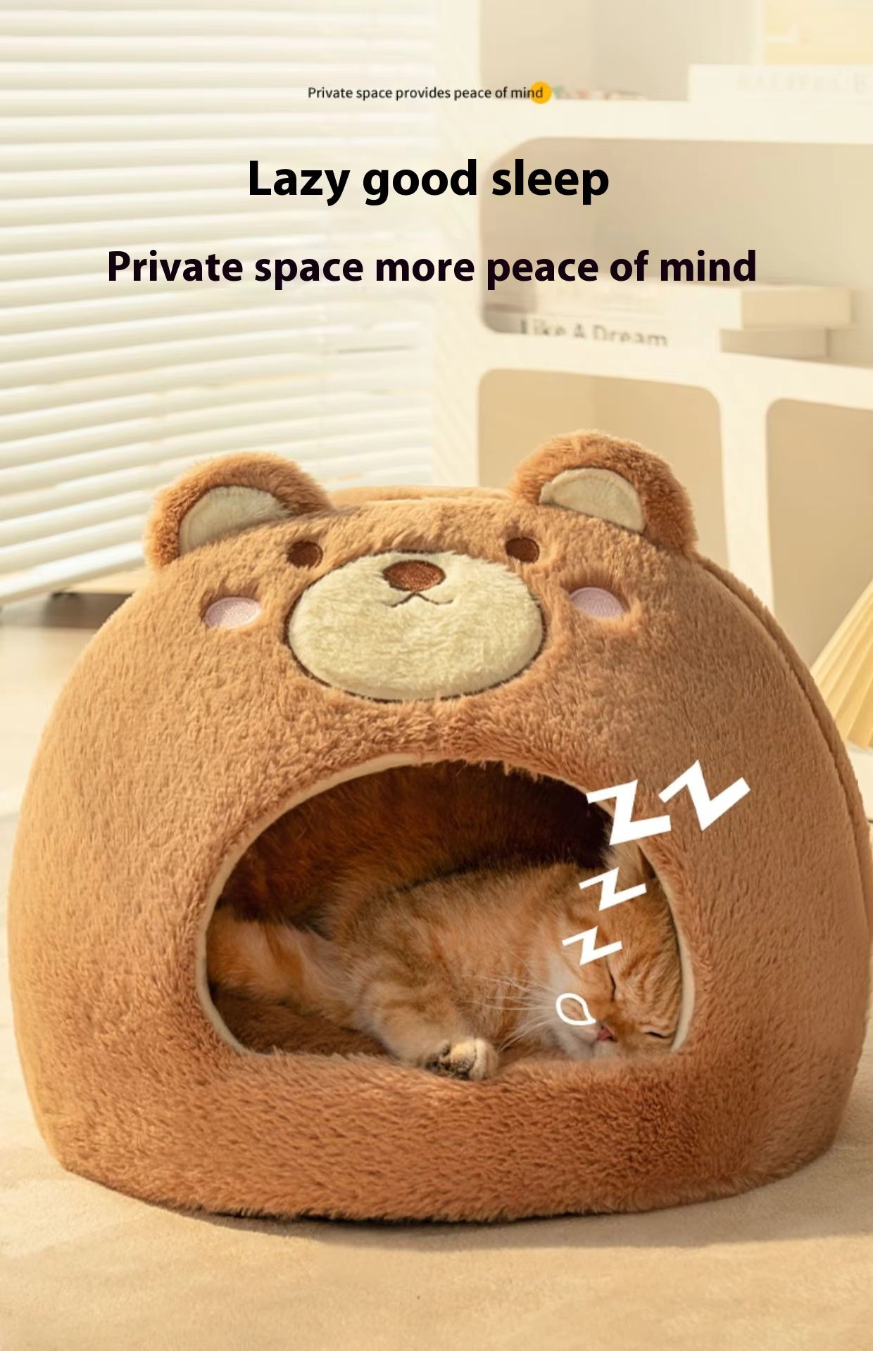 Pet Supplies Winter Warm Velvet Pet Bed House Cat sleeping in a brown bear-shaped pet bed with text about private space and peace of mind.